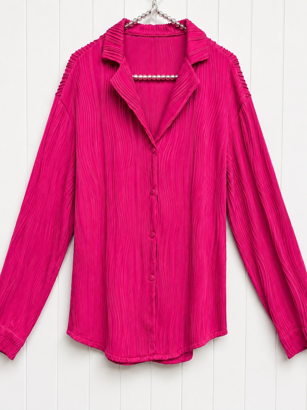 Hot Pink Fuchsia Pleated Button Down Blouse Long Sleeve Size M - Picture 1 of 4